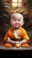 Placeholder: A 3-year-old monk boy with round cheeks, sitting, looking at the camera, monk costume, cute and cute, masterpiece, high quality, highly detailed.