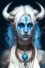 Placeholder: A young tiefling woman with a set of ram horns on her head encrusted with jewels, White-Blonde, medium length hair, black eyes, dressed in white and blue with lots of jewelry, beautiful, tattoos on her neck