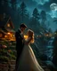 Placeholder: Close up Camera profesional Photography photoshoot Romance Wedding Couple Dancing in Wonderful landscape fantasy night photography art Rivendell Village, darkness midnight magical forest and houses,beautiful light lamps,mushrooms,flowrs,little waterfall,river