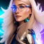 Placeholder: A beautiful portrait of a cute smiling cyberpunk woman, long blond haire, high key lighting, volumetric light high details with white stripes and feathers and blue celtic paterns and futuristic glasses