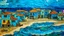 Placeholder: A blue town near a beach designed in Mayan architecture painted by Vincent van Gogh