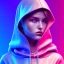 Placeholder: woman teenager, hoodie, retro futuristic, leather dress, gradient color, BLUE, PINK, CYAN, neon, insanely detailed, 16k resolution, perfect eyes, cinematic smooth, intricate detail