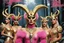 Placeholder: (art by Philippe Druillet's Délirius, for a film from a 1970s movie by Mil Mascaras) surrounded by models with golden and pink goat outfit, with pink lipstick and tattoos : A satanic ritual in the forest: they like biodiversity. The leader: she has a goat skull mask