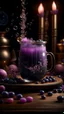 Placeholder: witch's brew, bubble tea, crystal glass, beverage, standing on table in witch's hut, magical, cute, girly, purple, pink, tapioca pearls are glowing stars and moons, magic symbols, magic flowers and plants, photo realistic, hyper detailed, studio photo, intricate details, highly detailed, Miki Asai Macro photography, close-up, hyper detailed, trending on artstation, sharp focus, studio photo, intricate details, highly detailed, by greg rutkowski