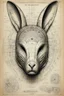 Placeholder: Hand drawn, art by Wayne Reynolds , Daren Bader and Tom Tenery, old paper with detailed schematics of a bionic rabbit mask, detailed drawings, cross section, concept sheet sketch, 8k