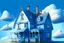 Placeholder: House illustration, realistic, detailed, illustrative, childrenbook style, Blue house, sky