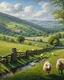 Placeholder: beautiful rolling hills and fields, with stone fences, small stream and sheep, of the Bakewell in England. Gorgeous lush green grass and trees.