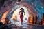 Placeholder: make a video pretty crystal cave covered with jewells and CIFI jewell lights and miniature city buildings and miniature people and streets, a beautiful fashion model lady with cute,curvy hair,makeup, in pretty sports suit is running inside cave ,dynamic camera fallow her inside cave capturing full body, dynamic lights.