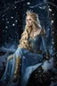 Placeholder: Elven princess,elven crown,long blonde golden hair,rapunzel hair,ice flowers,beautiful,light blue,dark blue,golden armor,sparkle,glitter,ice flowers,snow,elven ears,dark fairy princess