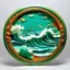 Placeholder: circular picture frame, scene of wealth and waves, bottom half underwater, top half out of water, showing the money and gold, the great unknown,, friendship and cooperation, light blue tones with green and orange