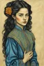 Placeholder: create a 3/4 profile full body oil pastel of a dark haired, , raggedly dressed, Romanian fortuneteller vampire girl with highly detailed , sharply defined hair and facial features , in the style of JEAN-FRANCOIS MILLET and MARY CASSATT