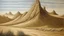 Placeholder: A brown desert dune near a mountain designed in cave paintings painted by Albrecht Durer