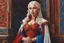 Placeholder: Emilia Clarke skich Oil cartoon artstyle , red and blue costume color, mother of dragon them, intricate details, highly detailed, high details, detailed portrait, masterpiece,ultra detailed, ultra quality