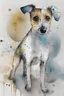 Placeholder: Abstract wet watercolour of a rough coated jack Russell, ink lines, interlinked circles, detailed,focus on eyes, watercolour paper
