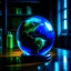 Placeholder: an earth globe looking like a crystal ball on a cushion in a dark room, dark green and blue colors, fantasy atmosphere, photo quality