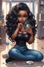 Placeholder: Create a futurism magna art of a black chibi curvy female sitting on the floor looking at herself in a hand mirror. She is wearing tight blue jeans and a black off the shoulder blouse. Prominent make up with lush lashes. Highly detailed long wavy hair. She is also wearing silver large hoop earringsart of a black chibi curvy female sitting on the floor looking at her cell phone. She is wearing tight blue jeans and a black off the shoulder blouse. Prominent make up with lush lashes.