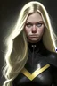 Placeholder: Young Woman with long blonde hair and black eyes and wearing a black superhero uniform