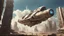 Placeholder: A small, wide, squat Spaceship hovering in a ruined alien city, surrounded by tall damaged buildings, clear blue sky, small white clouds, photorealistic