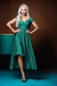 Placeholder: full body of very beautiful ukrain lady wearing green_blue pretty midi flared dress ,white gray hair ,standing idle pose in studio