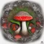 Placeholder: Patchwork, large Amanita muscaria mushrooms in a silver plate