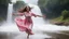 Placeholder: Hyper Realistic Photographic Close Shot Of A Beautiful Pashto Woman With Long Brown Wet Hair Wearing A White And Pink Tie-And-Dye Dress, Happily Jumping On A River Water And Enjoying Rain With A Beautiful Waterfall And Cloudy Weather At Heavy Rainfall Showing Dramatic And Cinematic Ambiance.