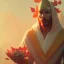 Placeholder: nasus portrait , detailed hands, at dawn by atey ghailan, golden light , white robe, holding leaves and flowers , angels background, volumetric light, high detail, red leaf tree, mountains in background, perfect