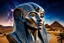 Placeholder: stunning cate-alien face sphinx statue made of granit in the desert, fantasy, deep colors, high detalied, sharp focus, stars on the sky, surrealistic, sci-fi mood