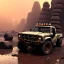 Placeholder: stylized hyperrealistic shot, muddy aggressive military toy truck, monotone color palette, sharp focus, puddle reflection, tire water splash, refraction, mist on the horizon, sunset, rocky terrain with huge boulders, detailed and intricate, cinematic composition, micro, tilt shift photography, unreal engine 5, octane render, 8k, cinematic lighting