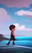 Placeholder: A little boy in a calm ocean on a boat with a rainbow in the sky