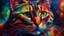 Placeholder: Develop a dynamic and energetic painting of a cat surrounded by a kaleidoscope of colors and abstract shapes, shot on a Fujifilm X-T4, 50mm lens, f/2.0 aperture, in the soft light of dusk, drawing inspiration from impressionist techniques.