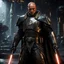 Placeholder: star wars bald male corellian pilot wearing pearlescent black and gunmetal grey First Order special forces heavy assault stealth commando armor and helmet with gold trim inside the jedi temple, hyperdetailed, dynamic lighting, hyperdetailed background, 8k resolution, volumetric lighting, light skin, fully symmetric details