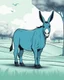 Placeholder: 3D Sketch style, ink, modern aesthetic, elegant and abstract image of a blue, anthropomorphic donkey, with big ears, with a speech bubble that says "Don't be an ass!". The donkey is standing in a lush green field with some trees.