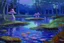 Placeholder: A purple swamp with glowing mushrooms painted by Claude Monet