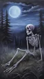 Placeholder: A oil painting from behind a skeleton sitting in the grass on the top of a hill, lookin into the night sky. A Forrest in the background. Painting. Purple colours. Blue colours. Night. Melancholic mood. Colorful.Pastel colours. Masterpiece.