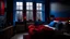 Placeholder: dark cozy bedroom window in blue and red details