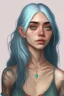 Placeholder: Young woman with big grey eyes, light brown skin, rosy cheeks, long silver earrings, really long straight blue hair, round face, slim body, big bobs, green shirt, red flower tattoo on collarbone,