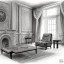 Placeholder: A living room with armchair and fancy stools. pencil sketch