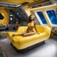 Placeholder: Alexandra in two-pieces yellow bikini rests on the sci-fi sofa in her cabine of the spaceship