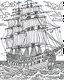 Placeholder: Create an exhilarating coloring page inspired by the Pirates of the Caribbean movie, featuring a majestic pirate ship sailing through rough seas. Challenge young artists to add their creative touch to billowing sails, the iconic Jolly Roger flag, and crashing waves. This black-and-white coloring adventure invites kids to embark on an exciting journey as they bring this thrilling pirate ship scene to life on paper.