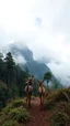 Placeholder: A trail between two mountains peaks in the Amazon side view , , two dears are looking up to the sky below is a huge wood top view , foggy, misty , adventures