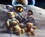 Placeholder: little boy and big teddy bears on moon. drifting in old bmw. oil on canvas