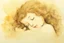 Placeholder: Small girl with long curly brown hair sleeping in god's hand (a big, clear hand) watercolor and ink, golden patina, glitters in ochre, backlit, mist and fog