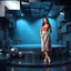 Placeholder: make a picture pretty stage made of metallic blue-gray teme 3d recursive cubic and sphere and cylinder base structures and a beautiful fashion model lady standing with cute in scene with sexy top and pretty pleated midi skirt ,makeup curvy long hair,dynamic camera zoom to full body and pan, dynamic lights.