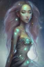 Placeholder: gorgeous female humanoid, stepping forward, looking over shoulder, piercings, beautiful face, mesmerizing starry eyes, smooth translucent skin, transcendental