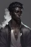 Placeholder: Male Air genasi fra d&d with black skin smoke some hair an Asian skin ghostly appearance with a Smokey undertone