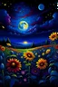 Placeholder: Imagina un paisaje nocturno vibrante y enérgico, donde el cielo estrellado se mezcla con intensos tonos de azul y morado. En primer plano, hay un campo de girasoles que resplandece con colores cálidos y pinceladas audaces. La luna llena ilumina la escena con destellos de luz, creando sombras dramáticas y contrastes llamativos. Siente la atmósfera mágica de la noche y la exuberancia de la naturaleza en cada pincelada. Captura la esencia emocional de la escena al estilo distintivo de Van Gogh