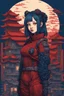 Placeholder: 2 girls illustration (half) cyberpunk huge girl illustration by <John Kenn Mortensen> in darkred tones, and another petit girl illustration by Katsushika Hokusai in darkblue tones, 8bits, Pixel Art, hyperdetailed,