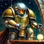 Placeholder: fantasy 90's tcg art of a sci fi paladin witha dome helmet and knight armor with big pauldrons holding a light staff oil