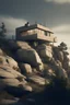 Placeholder: The images shows a building that is built on the top of a rock, in the style of vintage modernism, soft, atmospheric lighting, photo - realistic techniques, haunting houses, zeiss ikon zm, stone sculptures, naturalistic realism --ar 9:16 --s 750