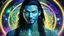 Placeholder: beautiful gorgeous young man na'vi with long hair, Avatar, blue skin, two small ears, green eyes, black hair, in cosmic suit, galactic ambiance, medium pointy goatee , smiling, nebulas and sacred geometry light figures on the backgroud,